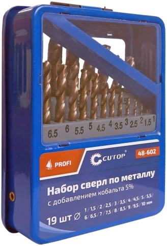 Набор сверл по металлу Cutop Profi с кобальтом 5%, в мет.кор. 1-10мм (через 0,5мм),19шт. фото 2