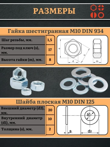 Гайки DIN934 + шайбы DIN125 М10 оцинкованные (по 100 шт.) фото 2