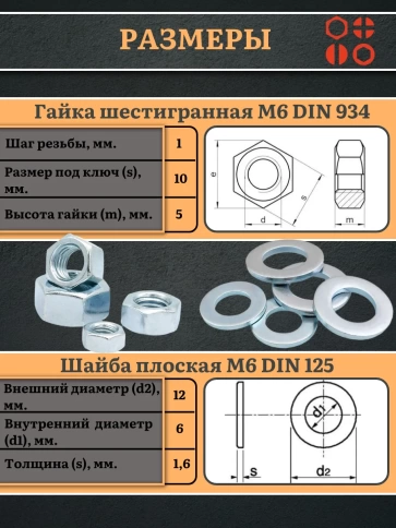 Гайки DIN934 + шайбы DIN125 М6 оцинкованные (по 100 шт.) фото 2