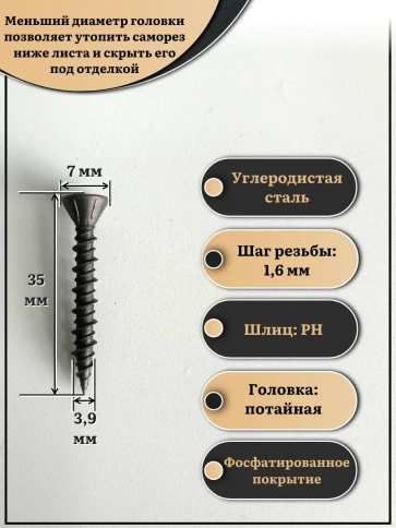Саморез для крепления ГВЛ (гипсокартон) 3,9х35, чёрный 1 кг фото 3