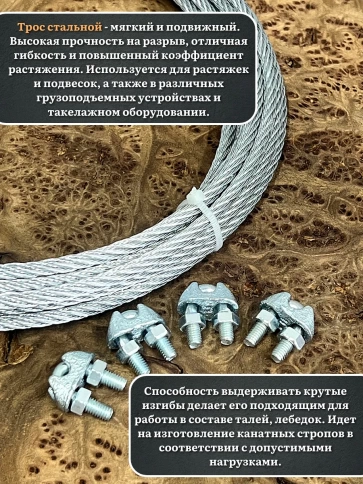 Трос стальной d5 с зажимами (4 шт.) ОЦ без оплетки, 20 м. фото 6