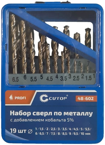 Набор сверл по металлу Cutop Profi с кобальтом 5%, в мет.кор. 1-10мм (через 0,5мм),19шт. фото 1