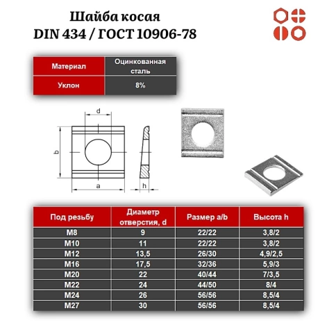 Шайба косая DIN 434 / ГОСТ 10906-78 м12 оцинкованная, 250 шт. фото 3