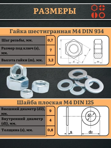 Гайки DIN934 + шайбы DIN125 М4 оцинкованные (по 10 шт.) фото 2