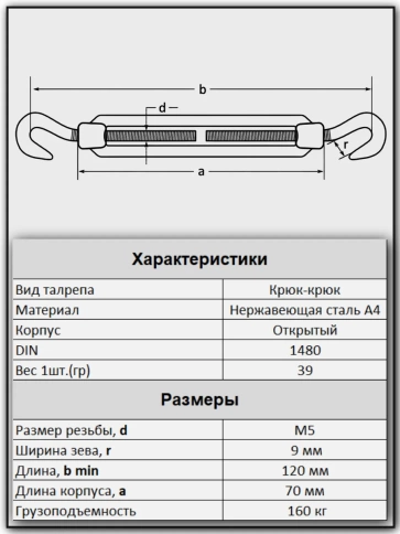Талреп крюк-крюк нержавеющий А4 М5 DIN1480, 6 шт. фото 2