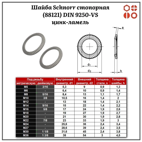 Шайба Schnorr стопорная усиленная (88121) М12 DIN 9250-VS цинк-ламель, 500 шт. фото 2