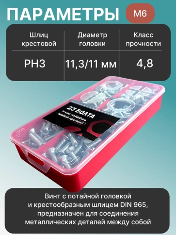 Винты потайные ОЦ М6 DIN 965 PH в органайзере НАБОР 1 фото 3