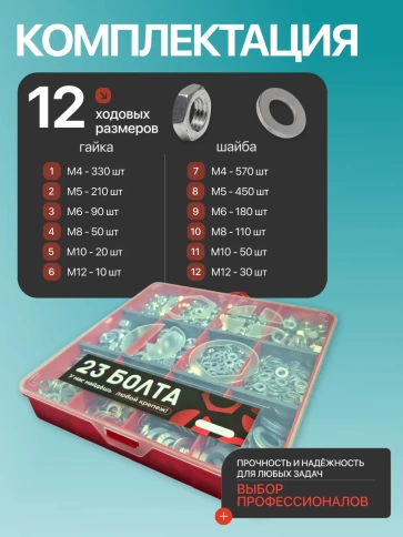 Гайки ОЦ DIN934+шайбы ОЦ DIN125 М4-М12 в органайзере НАБОР 1 фото 2