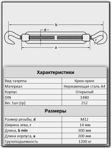 Талреп крюк-крюк нержавеющий А4 М12 DIN1480, 1 шт. фото 3