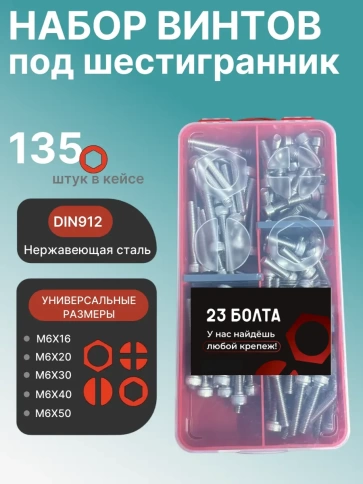 Винты нержавеющие М6 DIN912 в органайзере НАБОР 1 фото 1