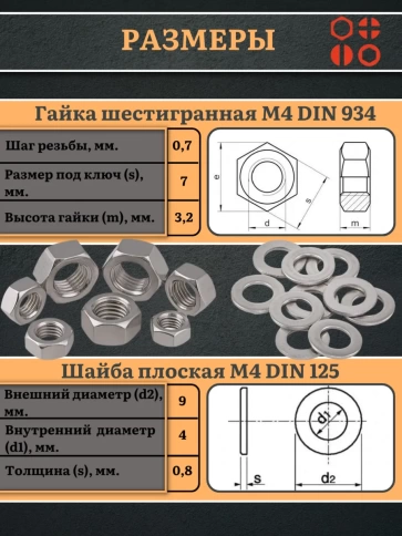 Гайки DIN934 + шайбы DIN125 М4 нержавеющие (по 50 шт.) фото 2