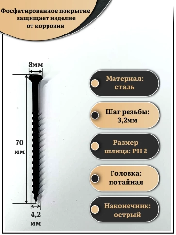 Саморез шуруп по дереву 4,2х70 крупная резьба, чёрный 50 шт. фото 3
