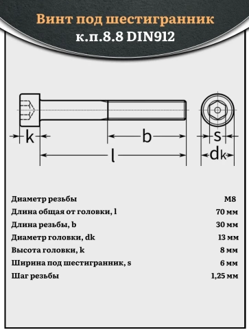 Винт под шестигранник НР 8х70 мм ОЦ к.п.8.8 DIN912, 10 шт. фото 3