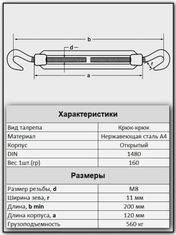 Талреп крюк-крюк нержавеющий А4 М8 DIN1480, 4 шт. фото 2