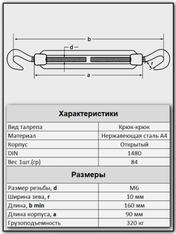 Талреп крюк-крюк нержавеющий А4 М6 DIN1480, 2 шт. фото 2