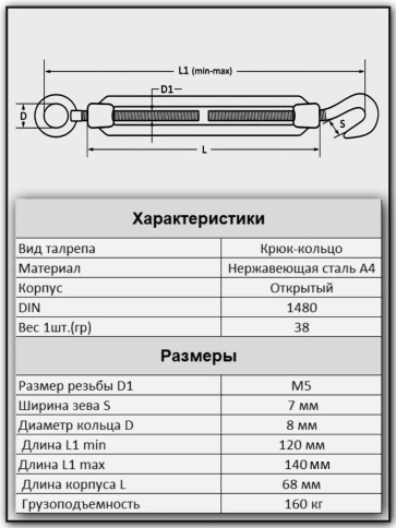Талреп крюк-кольцо нержавеющий А4 М5 DIN1480, 6 шт. фото 2