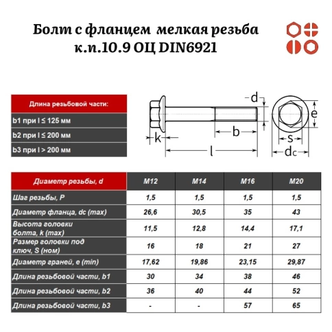 Болт с фланцем ПР М12х1,5х60 мелкая резьба к.п.10.9 ОЦ DIN6921 с насечкой, 70 шт. фото 2