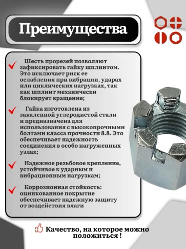 Гайка корончатая автомобильная М6 к.п.8 DIN 935 ОЦ, 10 шт фото 6